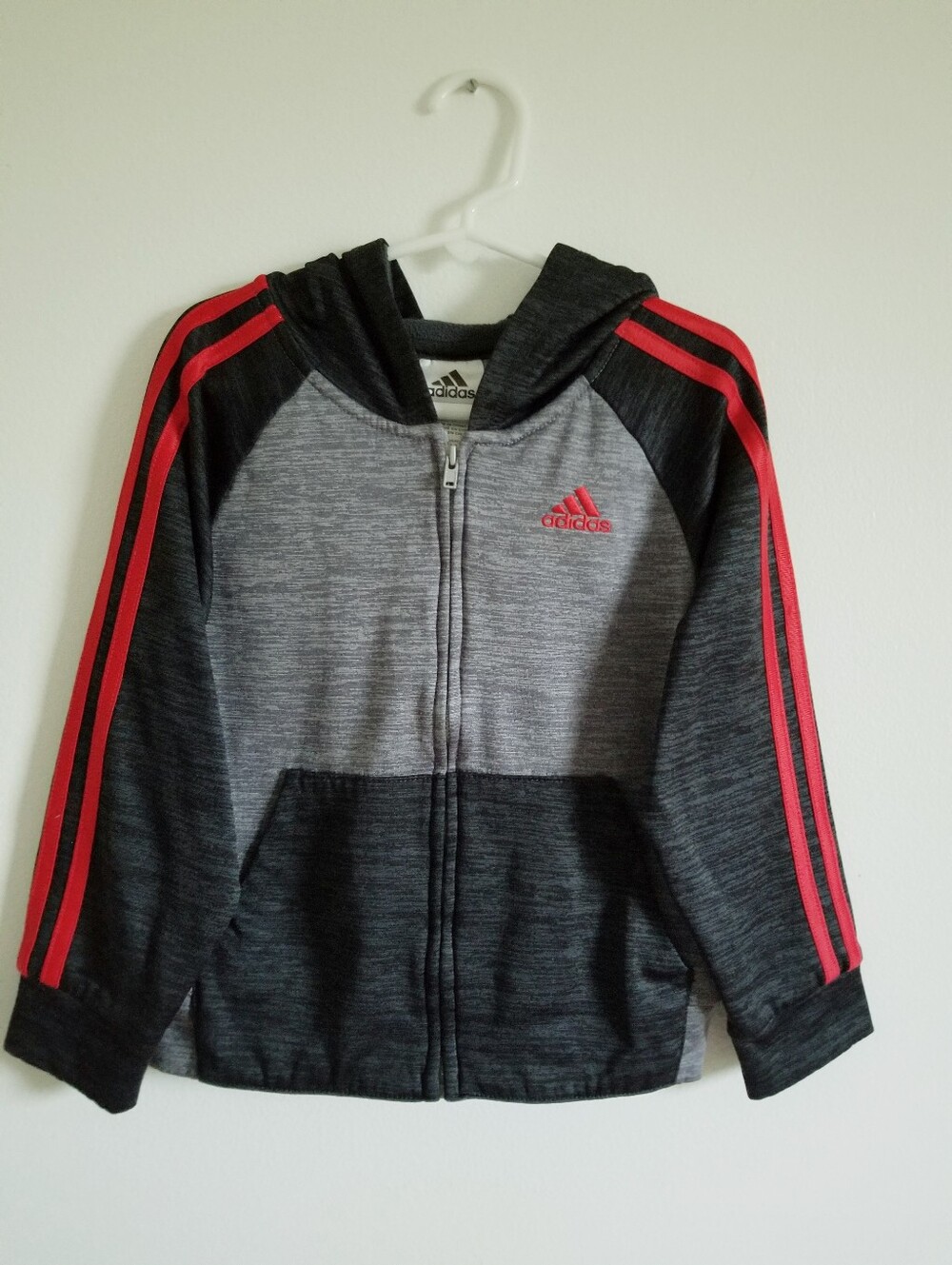 adidas Kids Grey & Red Full-Zip Hooded Sweatshirt